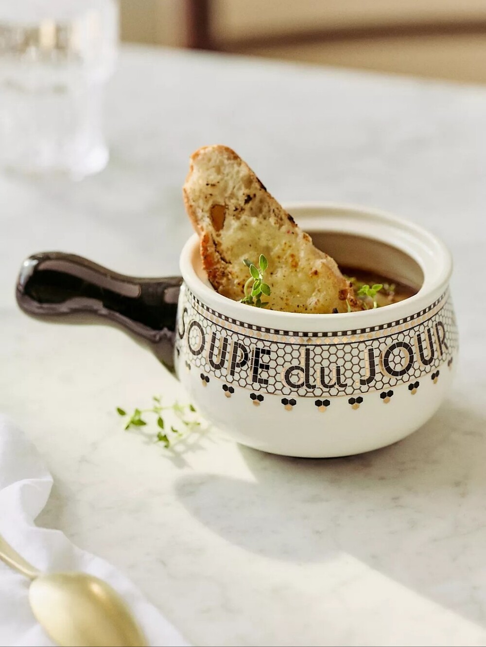 Anthropologie Bistro Tile Stoneware 24k Gold Accent Soup Bowl